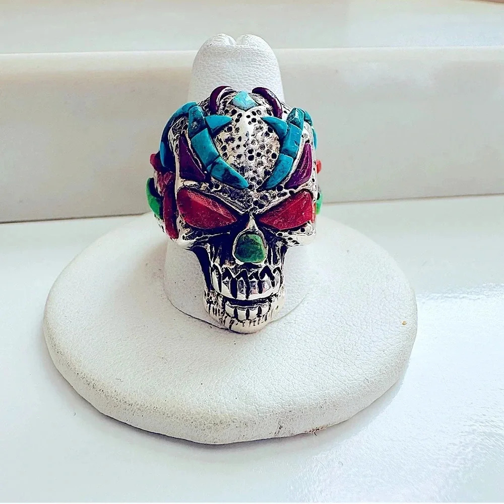 Handmade Sterling Silver & Multi Stone Inlay Skull/Biker/Rocker Ring Size 9.5
